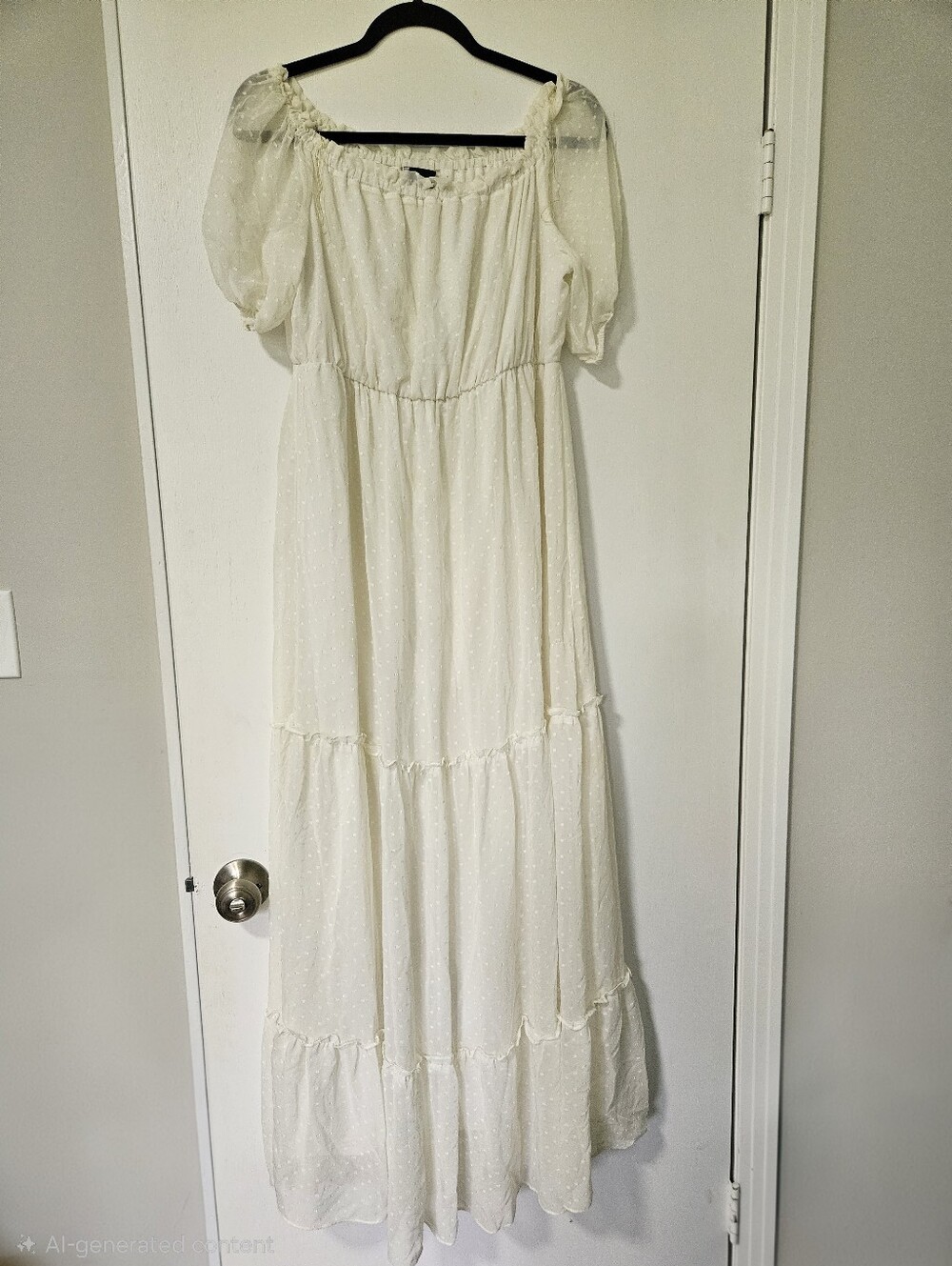 Maison Tara White Swiss Dot Maxi Dress | Size 14 | Off-The-Shoulder Tiered